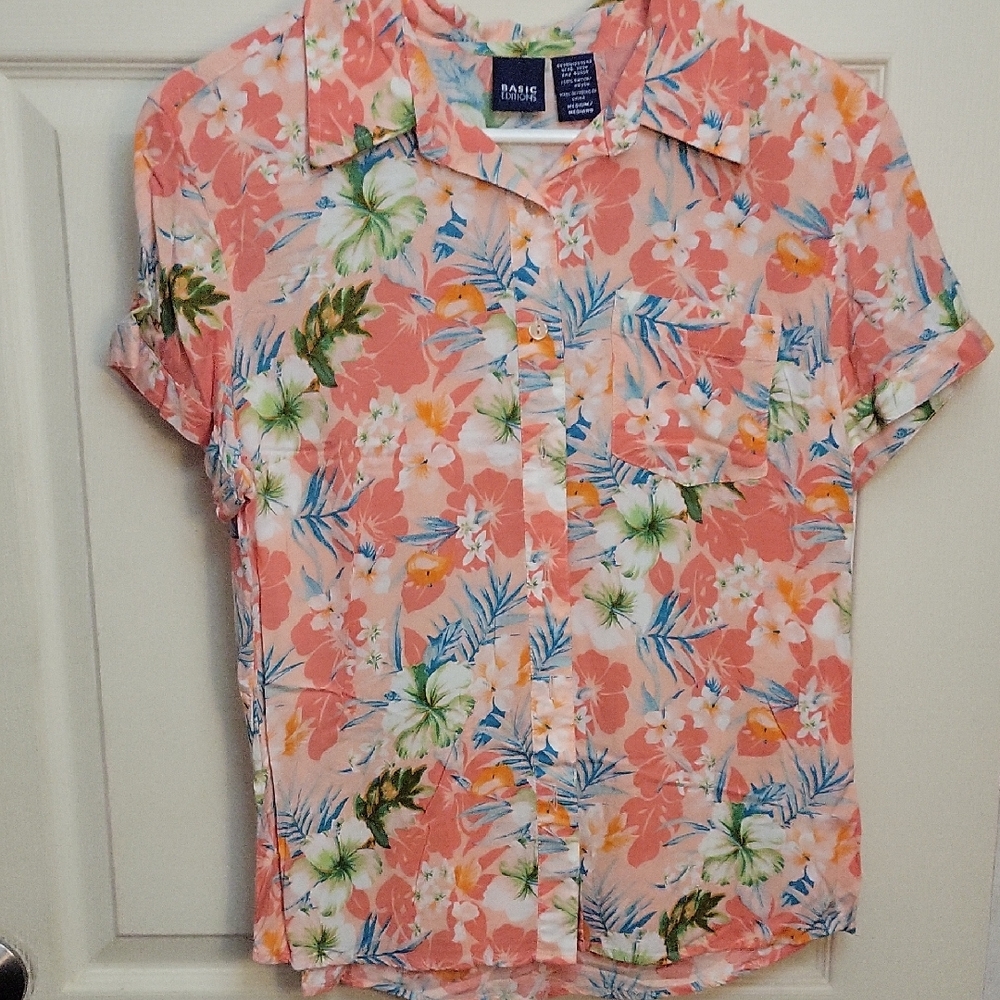 Vintage Coral Floral Button-Up Shirt